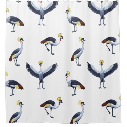 ヴィンテージのシームレスパターンと冠を付けたクレーンバード。 シャワーカーテン (正面)