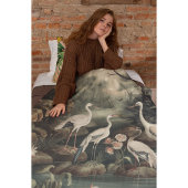 ヴィンテージのシーン白い鶴と花 フリースブランケット