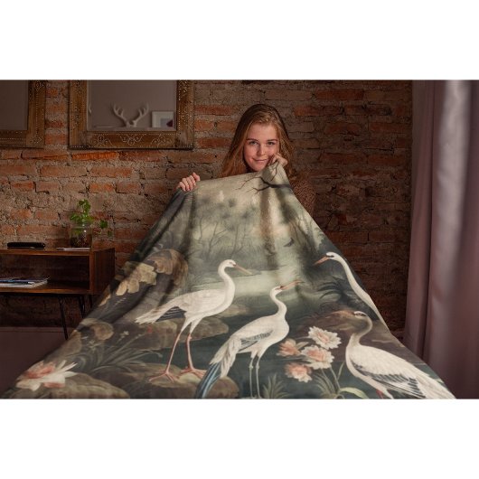 ヴィンテージのシーン白い鶴と花 フリースブランケット