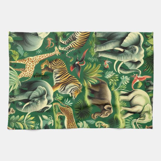 ヴィンテージのジャングル動物のパターン キッチンタオル (横)