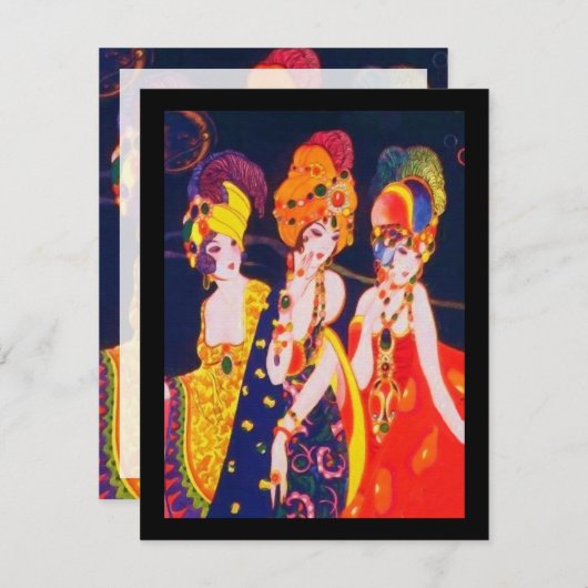 ヴィンテージのジュエリーを持つカラフルなDecoの女性 招待状 (正面/裏面)