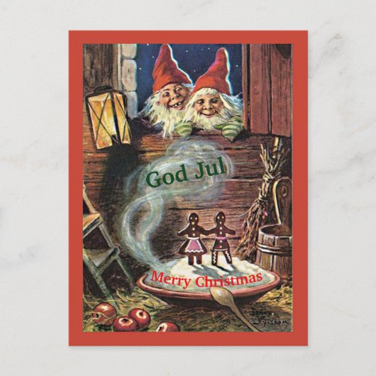 ヴィンテージのスウェーデン人のTomteのクリスマスカードの格言の小妖精や小人 案内ポストカード (正面)