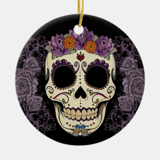 ヴィンテージのスカルおよびバラのオーナメント セラミックオーナメント (正面)