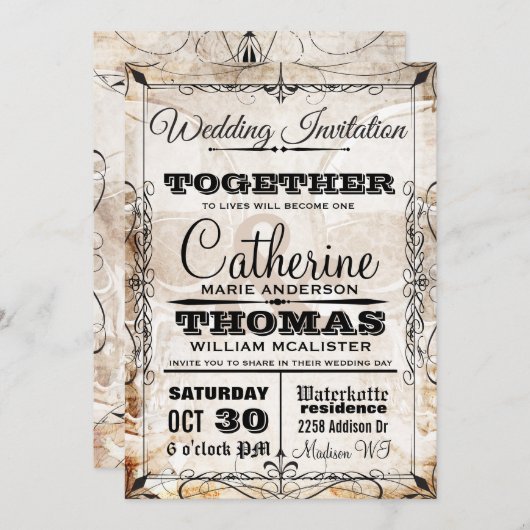 ヴィンテージのスカル及び華麗さの結婚式招待状 招待状 (正面/裏面)