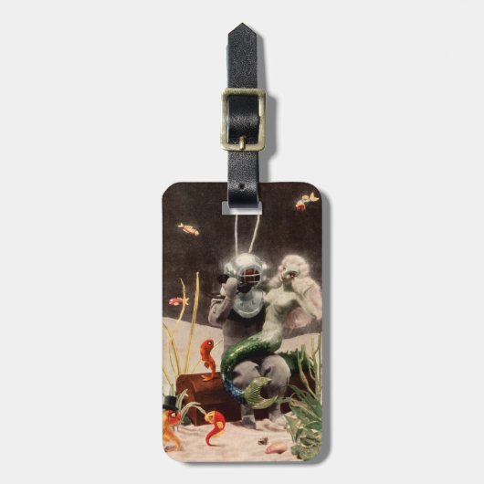 ヴィンテージのスキューバダイバーの人魚の魚のファンタジーの海の砂 ラゲッジタグ (正面縦)