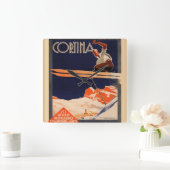 ヴィンテージのスキーポスター、スキーコルティナ、イタリア スクエア壁時計 (ホーム)