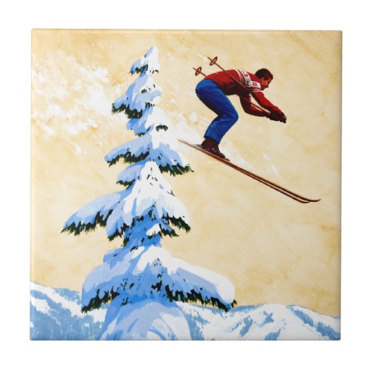 ヴィンテージのスキーポスター、スキージャンパーおよび松の木 タイル (正面)