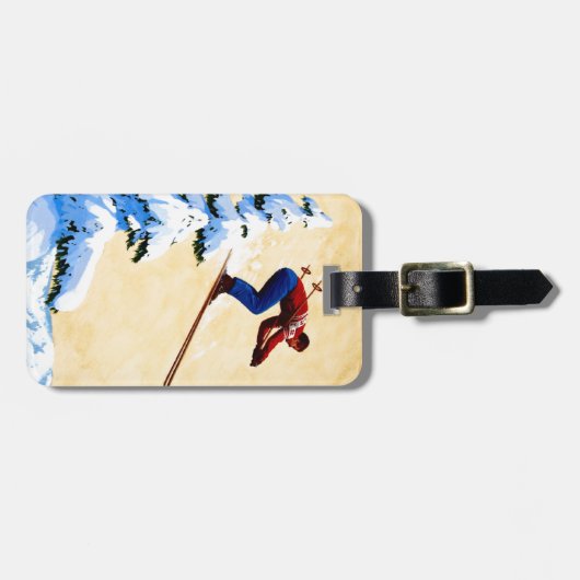 ヴィンテージのスキーポスター、スキージャンパーおよび松の木 ラゲッジタグ (正面横)
