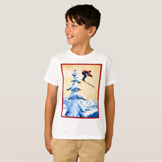 ヴィンテージのスキーポスター、スキージャンパーおよび松の木 Tシャツ (正面フル)