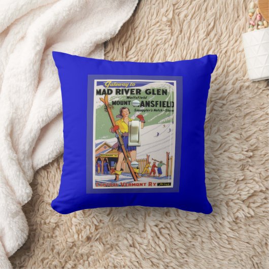 ヴィンテージのスキーポスター、スキーMad川の入り江 クッション (ブランケット)