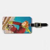 ヴィンテージのスキーポスター、女性スキージャンパー ラゲッジタグ (正面横)