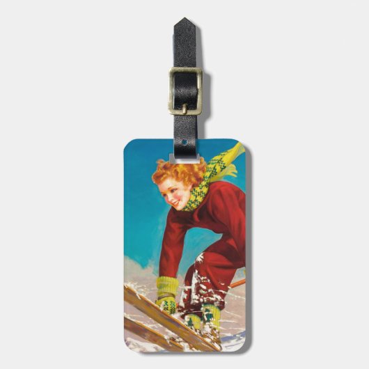 ヴィンテージのスキーポスター、女性スキージャンパー ラゲッジタグ (正面縦)