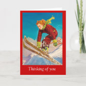 ヴィンテージのスキーポスター、女性下り坂のスキーヤー カード (正面)