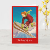 ヴィンテージのスキーポスター、女性下り坂のスキーヤー カード (黄色い花)