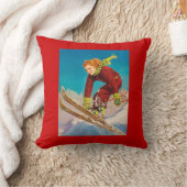 ヴィンテージのスキーポスター、女性下り坂のスキーヤー クッション (ブランケット)