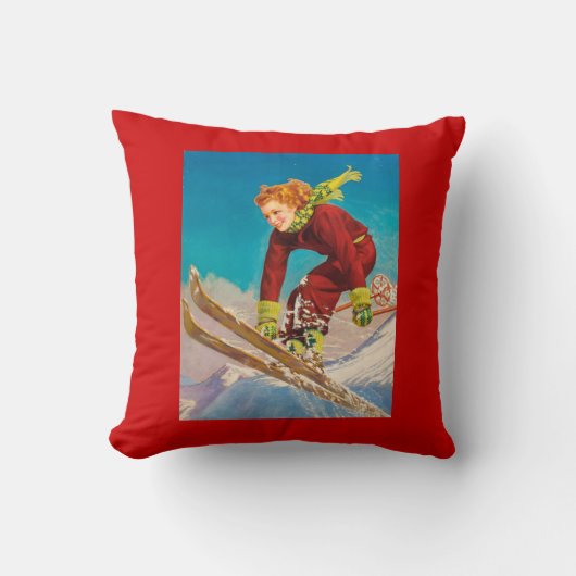 ヴィンテージのスキーポスター、女性下り坂のスキーヤー クッション (正面)