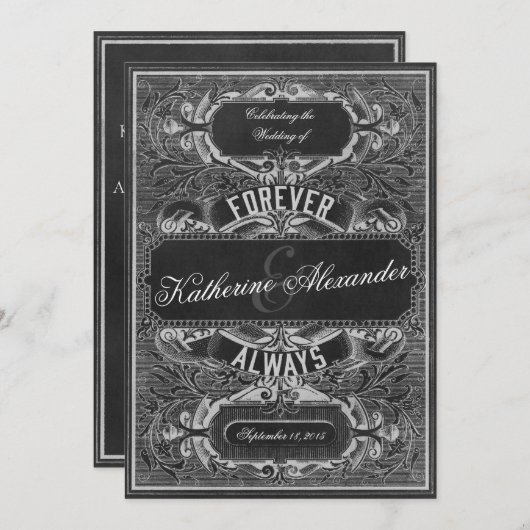 ヴィンテージのスクロール版木、銅版、版画のチャルクボード結婚式の招待 招待状 (正面/裏面)