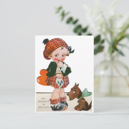 ヴィンテージのスコットランド人の子供と子犬のバレンタイン ポストカード (スタンド正面)