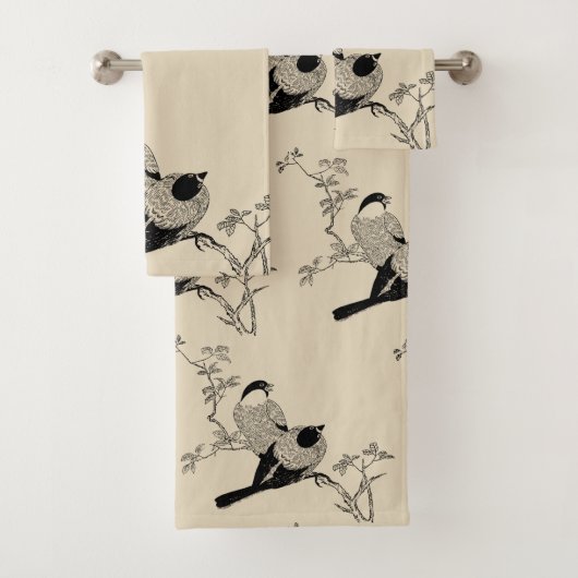 ヴィンテージのスタイルによってとまられる鳥及び暗灰色 バスタオルセット (インサイチュ)