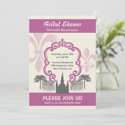 ヴィンテージのスタイルのニュー・オーリンズのブライダルシャワーのピンク 招待状 (スタンド正面)