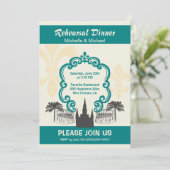 ヴィンテージのスタイルのニュー・オーリンズの結婚式のイベントのティール(緑がかった色) 招待状 (スタンド正面)