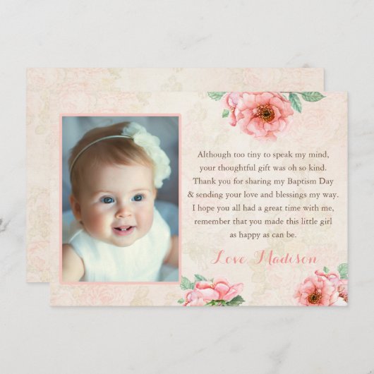 ヴィンテージのスタイルの女の子の洗礼のサンキューカード、写真 サンキューカード (正面/裏面)