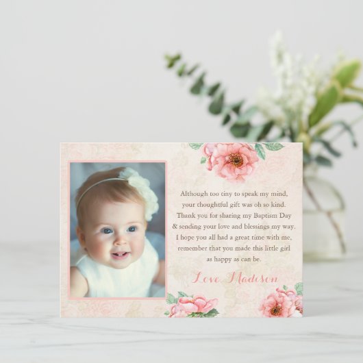 ヴィンテージのスタイルの女の子の洗礼のサンキューカード、写真 サンキューカード (スタンド正面)