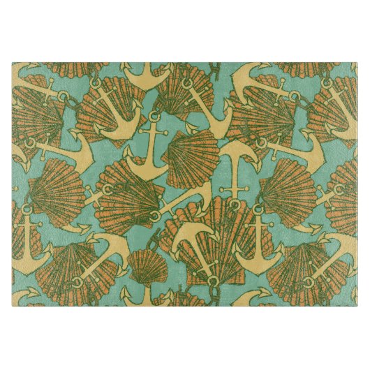 ヴィンテージのスタイルパターンのいかりそして貝 カッティングボード (正面)