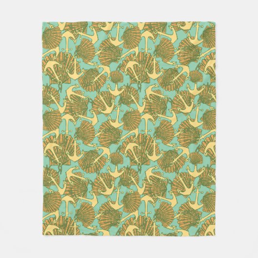 ヴィンテージのスタイルパターンのいかりそして貝 フリースブランケット (正面)