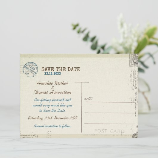 ヴィンテージのスタンプされたポストカードウェディング日付を保存する。 セーブザデート (スタンド正面)