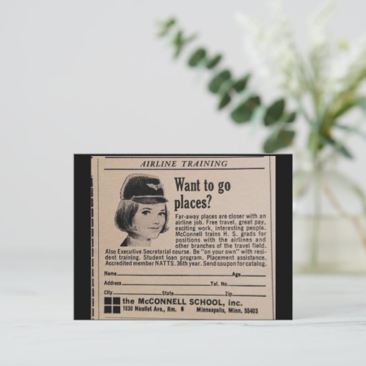 ヴィンテージのスチュワーデスの搭乗員 ポストカード (スタンド正面)