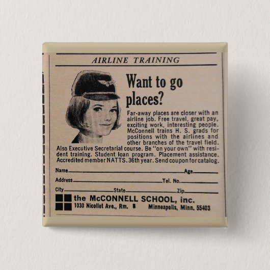 ヴィンテージのスチュワーデスの搭乗員 缶バッジ (正面)