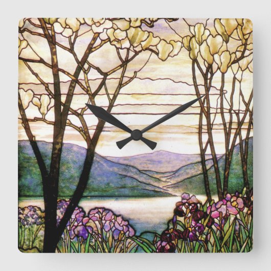 ヴィンテージのステンドグラスの時計 スクエア壁時計 (正面)