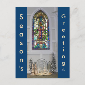 ヴィンテージのステンドグラスの窓及びクリスマスの出生 シーズンポストカード