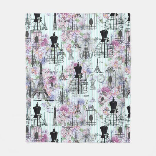 ヴィンテージのストライプなエッフェル塔のコラージュのピンクの花柄 フリースブランケット (正面)