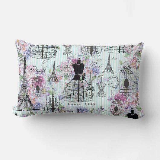 ヴィンテージのストライプなエッフェル塔のコラージュのピンクの花柄 ランバークッション (正面)