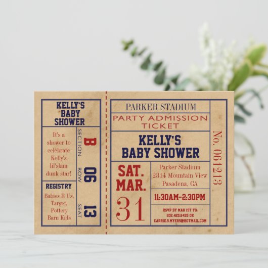 ヴィンテージのスポーツのチケットのベビーシャワーの招待- Bsktball 招待状 (スタンド正面)