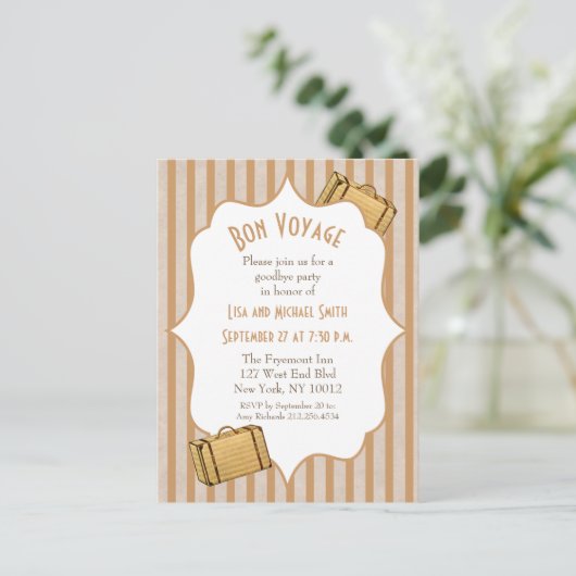 ヴィンテージのスーツケースの餞別のさようならパーティーの招待 インビテーションポストカード (スタンド正面)