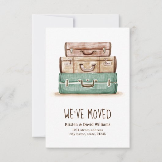 ヴィンテージのスーツケース私達は移動発表を動かしました 案内状 (正面)