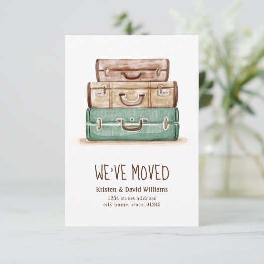 ヴィンテージのスーツケース私達は移動発表を動かしました 案内状 (スタンド正面)