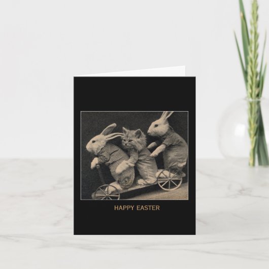 ヴィンテージのセピア色のバニー及び子ネコイースター シーズンカード (正面)