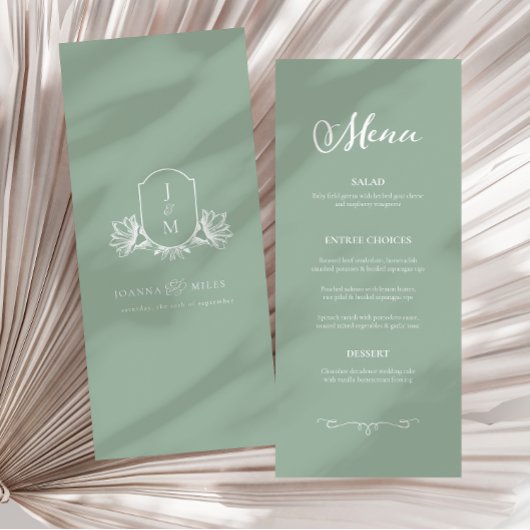 ヴィンテージのセージのモノグラム結婚クレストのメニュー