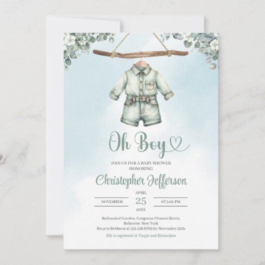 ヴィンテージのセージグリーン ユーカリの男の子 赤ちゃん服 招待状 (正面)