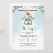 ヴィンテージのセージグリーン ユーカリの男の子 赤ちゃん服 招待状 (正面/裏面)