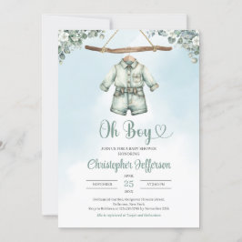 ヴィンテージのセージグリーン ユーカリの男の子 赤ちゃん服 招待状