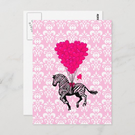 ヴィンテージのゼブラとピンクのハート風船 ポストカード (正面/裏面)