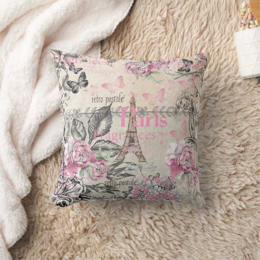 ヴィンテージのタイプエラーの黒のピンクの花のパリエッフェル塔 クッション (ブランケット)