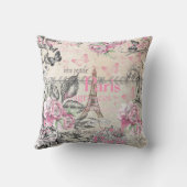 ヴィンテージのタイプエラーの黒のピンクの花のパリエッフェル塔 クッション (裏面)