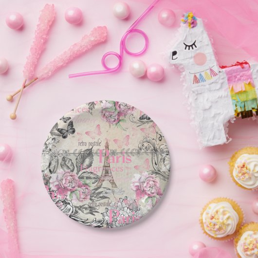 ヴィンテージのタイプエラーの黒のピンクの花のパリエッフェル塔 ペーパープレート (パーティー)