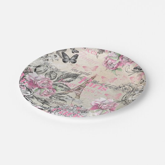 ヴィンテージのタイプエラーの黒のピンクの花のパリエッフェル塔 ペーパープレート (アングル)